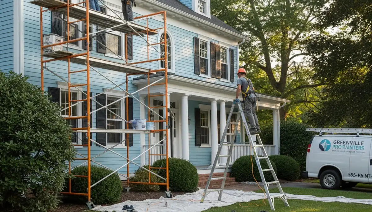 Painting contractor in Providence, RI painting a home exterior with professional brushes and ladders