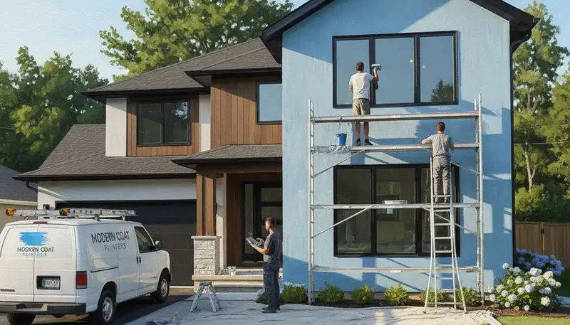 Providence, RI painters applying weather-resistant house paint on a home exterior