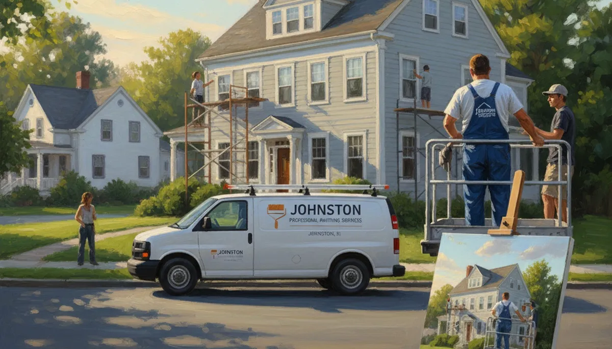 Providence, RI painting crew painting a home exterior with professional brushes and ladder