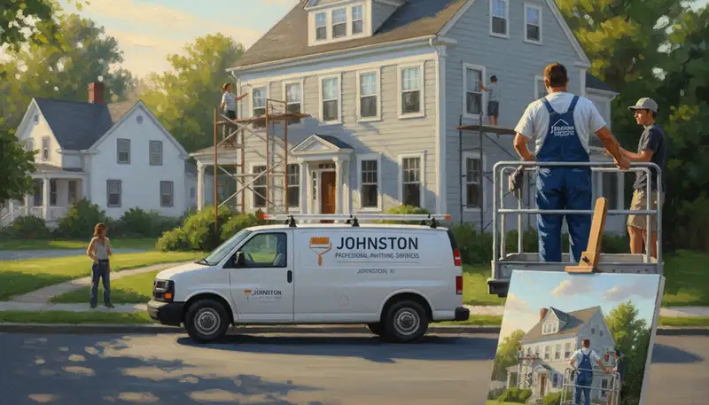 Providence, RI painting crew painting a home exterior with professional brushes and ladder